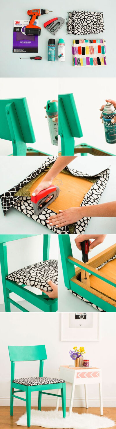 Upgrade a basic chair with spray paint and fabric. It's that easy!
