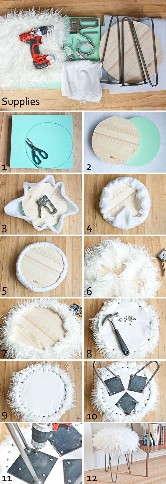 DIY faux fur stool...maybe could expand to benches for the foot of the bed in the girls' room