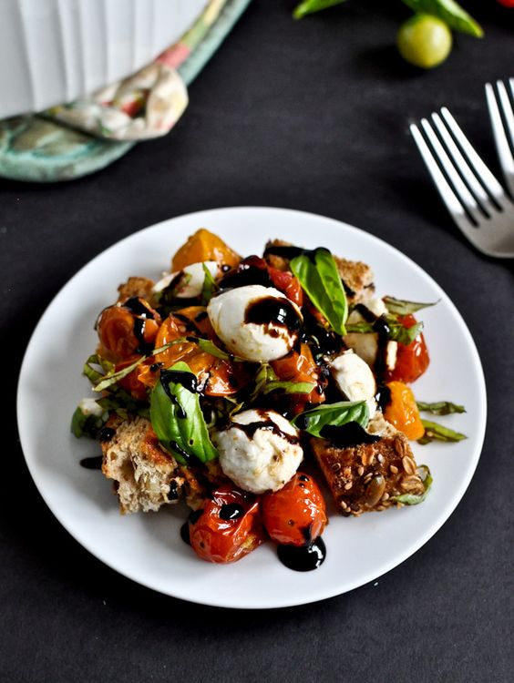 Roasted Tomato Caprese Panzanella serves about 4 4 cups grape tomatoes 4 cups cubed multigrain bread 6 tablespoons olive oil 1 teaspoon salt…