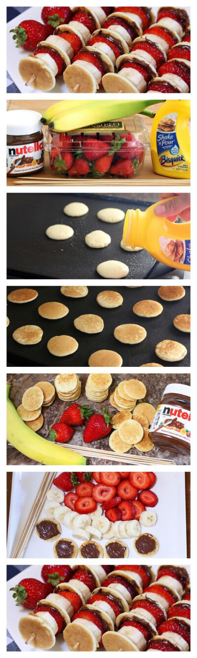 Ingredients
Produce
2 Bananas, large firm
1 lb Strawberries, fresh
Condiments
1 small jar Nutella
Baking & Spices
1 small bottle Bisquick shake 'n pour pancake mix
Other
4 Wooden skewers brok…