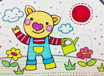 幼儿、儿童、插画、彩色卡通小猪、浇花、来自幸福的像花蜜儿