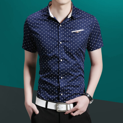 衬衣男2016夏季新款韩版青年男士方领精致印花单排扣打底纯棉衬衫
