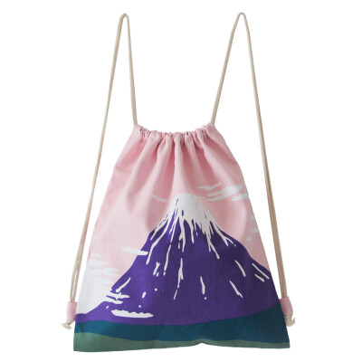 原创日式富士山粉色帆布双肩背包 抽绳包收纳包 学生书包 文艺