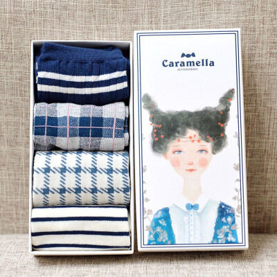 caramella2016春夏蓝色素色船袜礼盒装女士纯棉短袜