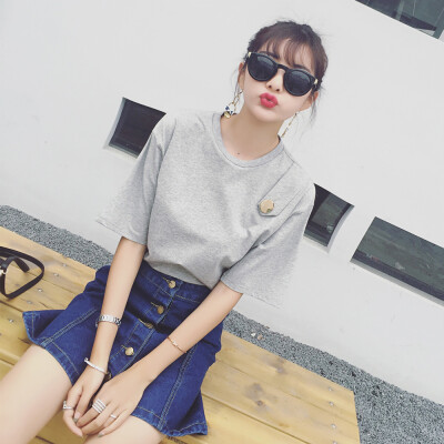 2016夏季女装 韩版宽松显瘦纯色不规则休闲圆领短袖T恤上衣