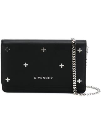 Black calf leather 'Pandora' crossbody bag from Givenchy featuring a chain shoulder strap, silver-tone hardware, a front logo plaque, a foldover top with snap closure, an embossed internal logo stamp, an internal zipped pocket, an internal patch pocket and an all-over micro cross stud embellishment.
