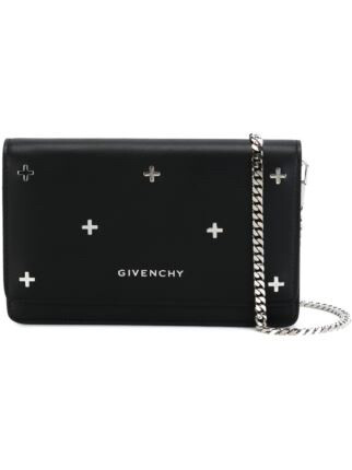 Black calf leather 'Pandora' crossbody bag from Givenchy featuring a chain shoulder strap, silver-tone hardware, a front logo plaque, a foldover top with snap closure, an embossed internal logo stamp,…