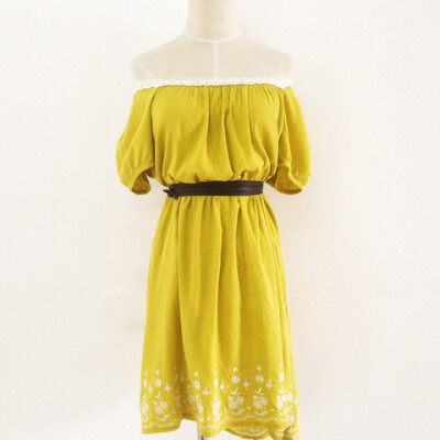古着vintage复古 棉料姜黄色刺绣花朵蕾丝边一字肩方领短袖连衣裙
