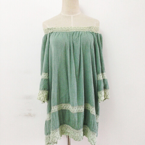 古着vintage复古瑕疵 印度制蕾丝刺绣花边方领一字肩喇叭袖连衣裙
