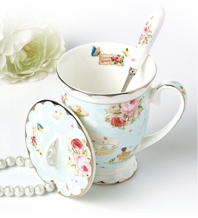 欧式唯美骨瓷马克杯带盖勺咖啡奶茶杯可爱水杯创意陶瓷早餐水杯