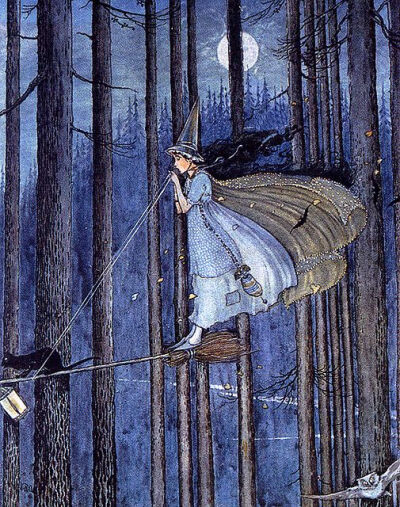 Fabulous Young Witch Flying Standing Up in the Woods