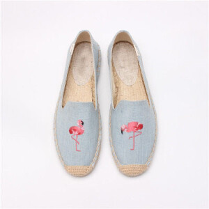 欧美现货休闲卡通渔夫鞋女夏平底帆布鞋刺绣火烈鸟草编鞋白搭单鞋