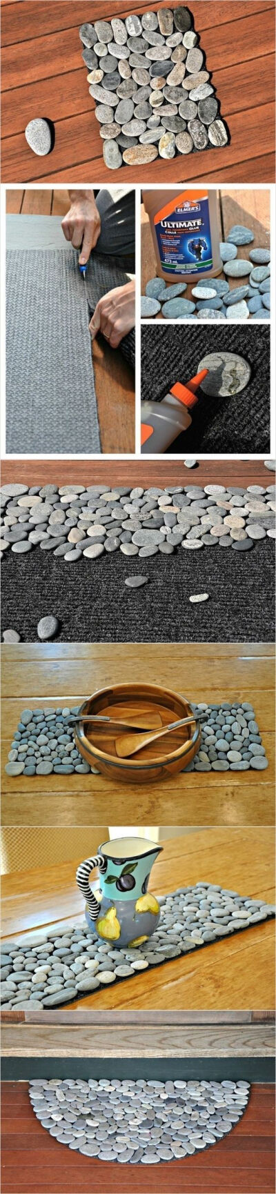 DIY Peddle Mat. Pebble mats can be made into table runners, place mats, trivets, doormats, etc. The possibilities are endless. Step-by-step instructions. If a pebble comes loose (which will happen occ…