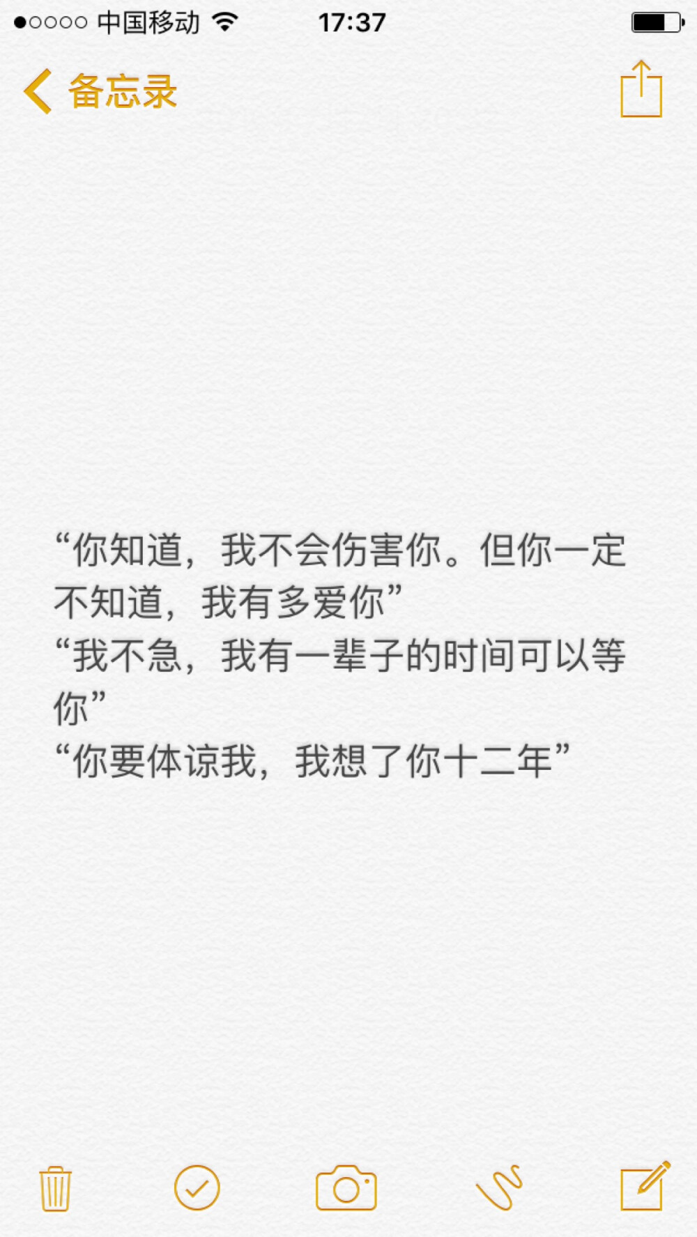 “你知道，我不会伤害你。但你一定不知道，我有多爱你”
“我不急，我有一辈子的时间可以等你”
“你要体谅我，我想了你十二年”