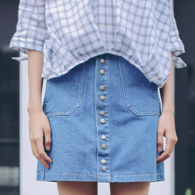 2016夏季 韩版单排水扣插口袋牛仔半身裙 A型短裙