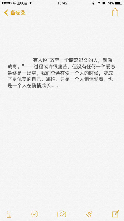 有人说“放弃一个暗恋很久的人，就像戒毒。”——过程或许很痛苦，但没有任何一种爱恋最终是一场空。我们总会在爱一个人的时候，变成了更优美的自己。哪怕，只是一个人悄悄爱着，也是一个人在悄悄成长