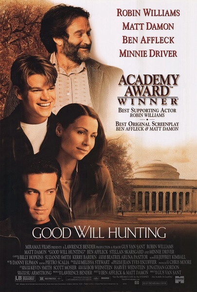 《心灵捕手》（Good Will Hunting）是一部励志剧情电影。影片由格斯·范·桑特执导，罗宾·威廉姆斯，马特·达蒙等主演。影片讲述了一个名叫威尔（Will Hunting）的麻省理工学院的清洁工的故事。威尔在数学方面有着过人天赋，却是个叛逆的问题少年，在教授蓝勃、心理学家桑恩和朋友查克的帮助下，威尔最终把心灵打开，消除了人际隔阂，并找回了自我和爱情。影片于1997年12月2日首映。