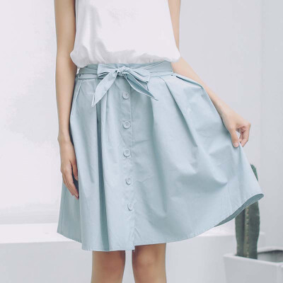 2016夏季 纯色单排扣系带中长半身裙