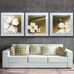 现代客厅装饰画花卉挂画三联沙发背景墙画3d创意立体浮雕无框壁画