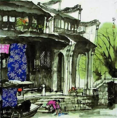 图为上海画家曹舒天的水墨画作品《水乡蓝花布》。黑瓦白墙，幽幽古巷，氛围里氤氲着天荒地老的味道。
