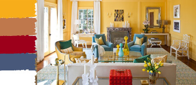 软装方案|用橙黄打造温暖的法式客厅 | 法国电影的场景总是美得让人目不暇接，让电影成为了一幅画。为什么呢？因为他们敢将不同的颜色碰撞在一起！大面积的橙黄色，在冬天的时候看上去暖入人心。宝蓝色和地毯的小部分…