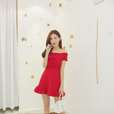 fancystyle夏季新款红色露肩一字肩连衣裙女AGD62047
