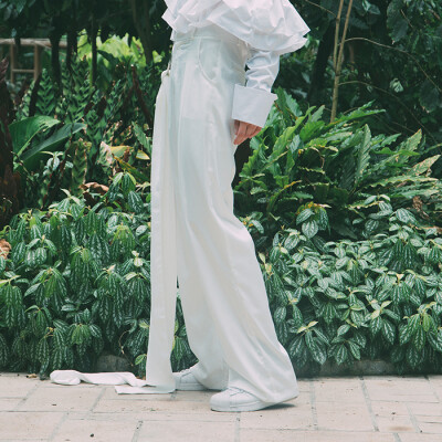 ourhour Resort 2016 白色时髦阔腿凹造型腰带圆环宽裤长裤