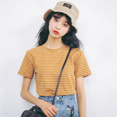DUDU嘟啦日系条纹短袖T恤女夏季韩国学生复古直筒T恤显瘦