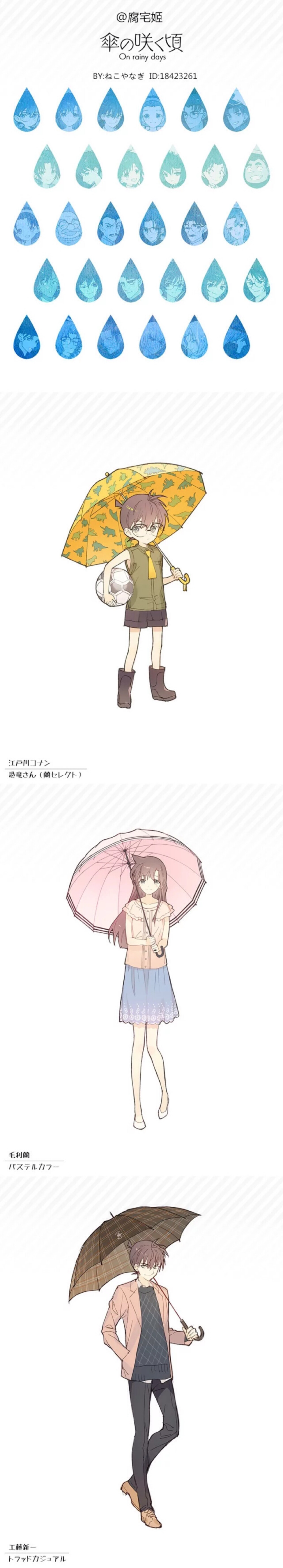 【雨伞绽放的时刻】ねこやなぎ老师笔下把#名侦探柯南#剧中每位角色根据其人物形象拟物画出不同的雨伞款式。共30个人物29把伞你最喜欢哪一把？（作者创意并非官方设定）心疼琴酒