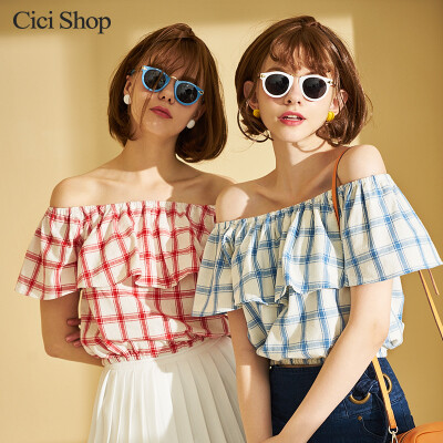 CICISHOP2016夏装新品学生个性t恤百搭格子短袖T恤女宽松夏6480