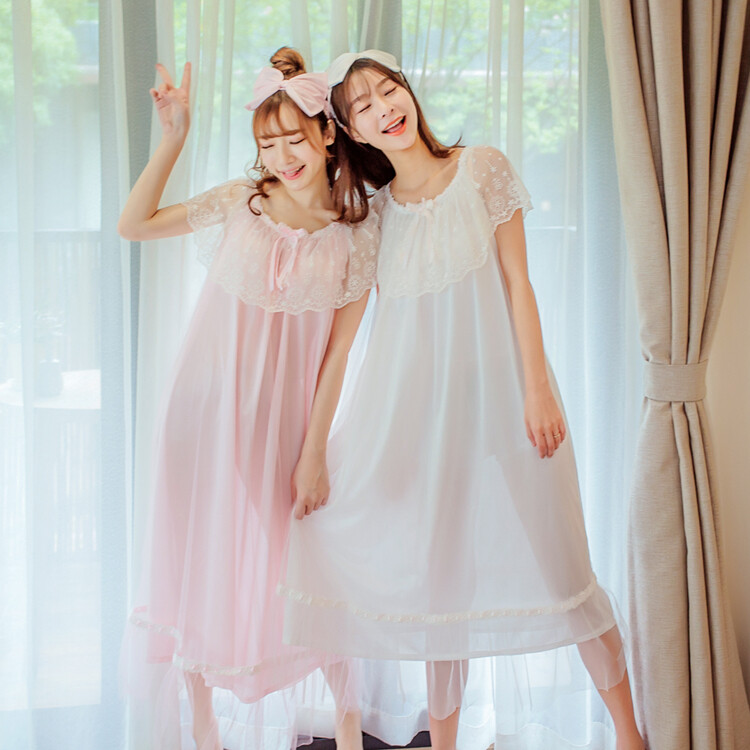 夏季原创蕾丝边公主系韩版蝴蝶结甜美长裙加长睡裙睡衣 送发带