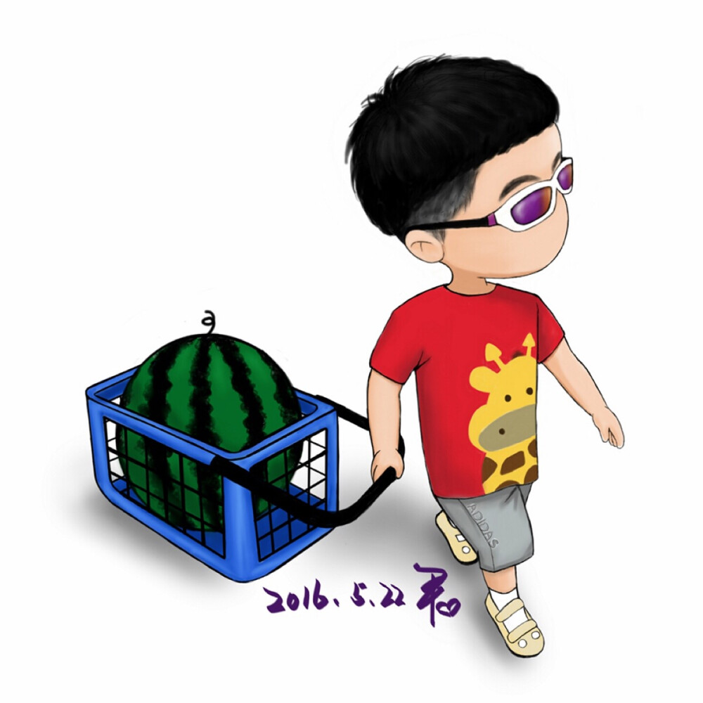 原创手绘小男孩卡通潮西瓜夏天