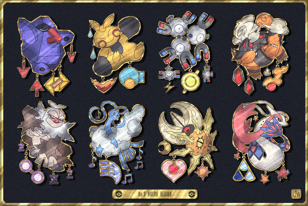 #口袋妖怪#日本画师かんな为庆祝Pokémon20周年所绘制的全套道场徽章，每个徽章上面都绘有一只极具代表性的口袋妖怪~超级精致！看完好想买买买啊\( *ˊᗜˋ* )/″♡♡