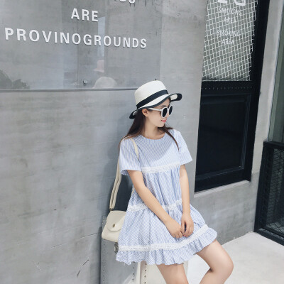 2016夏装竖条纹衬衫连衣裙女短袖中长款小清新蓝色a字裙子女