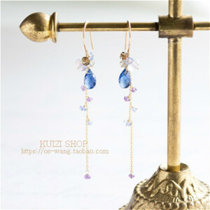 葵子手作 原创高端定制 人鱼的眼泪 天然蓝宝石紫水晶14k金长耳环