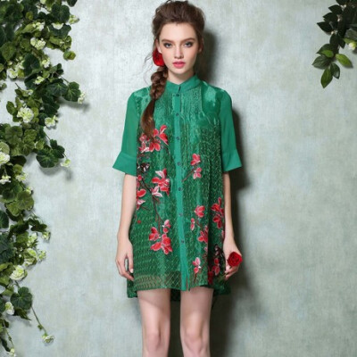 春装新款女装喜鹊刺绣中袖A字衬衫欧根纱连衣裙