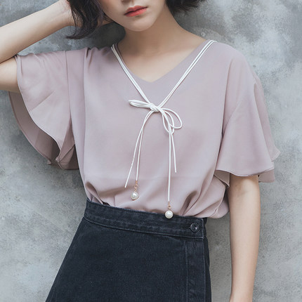 2016夏季韩版新款百搭显瘦灯笼袖系带V领雪纺衫女荷叶边袖上衣