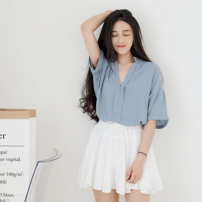 2016夏季新款 韩版气质大V领宽松蝙蝠袖中袖上衣 雪纺衬衫女款