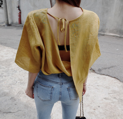 chic韩国官网 小心机 后背绑带微露设计感 超时髦麻料衬衫