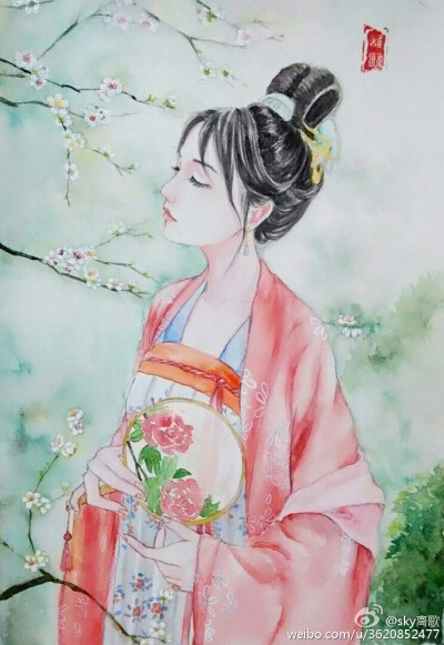 绘师微博：sky离歌＃水彩古风插画＃