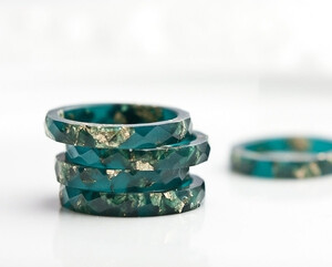 Teal Resin Stacking Ring Gold Flakes Thin Faceted Ring OOAK boho
minimalist jewelry deep teal emerald petrol blue rusteam 