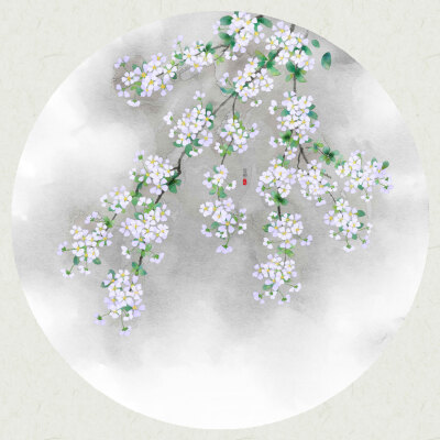 「月上雪」古风插画，水彩花卉，手绘雪柳（喷雪花）