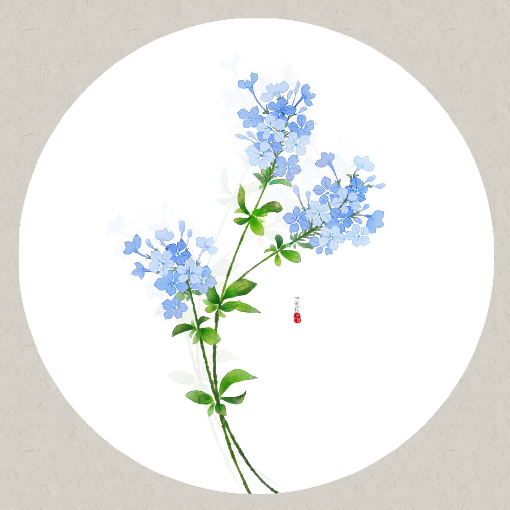 「月上雪」古风插画，水彩花卉，手绘蓝雪花