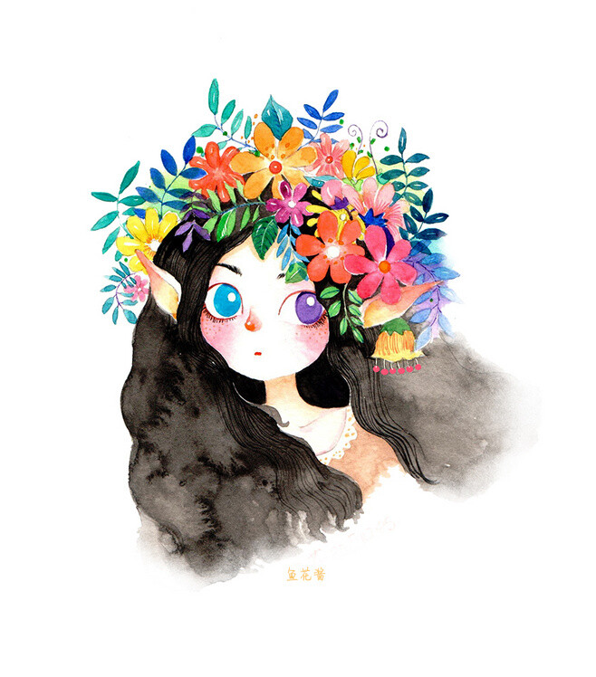 #鱼花的水彩画# 花精灵···微博 鱼...