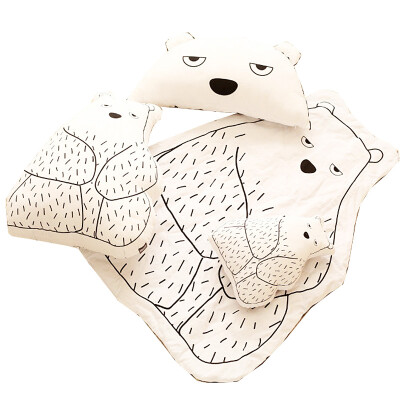 韩国北极熊靠垫 大白熊熊头抱枕 纯棉面料大熊被子 黑白垫子