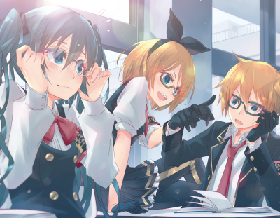 动漫 - Vocaloid Hatsune Miku Len Kagamine Rin Kagamine Long Hair
Twintails Blonde Short Hair Glasses School Uniform Blush Smile Aqua Eyes
Glove Tie Blue Hair Skirt 壁纸