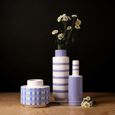 现代简约陶瓷花瓶 A Tree系列花器创意蓝色条纹格子小瓶子装饰罐