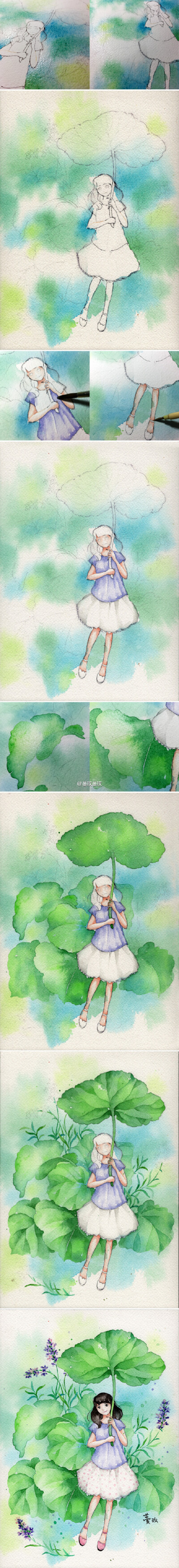 #自画像# #水彩步骤图# 龙猫举着的大叶子，来自北海道的秋田蕗（蜂斗菜）。顺便还有富良野的薰衣草，是某一年夏天的记忆。