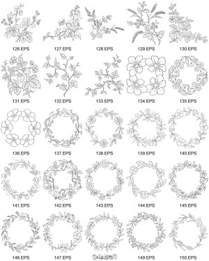 #绘画学习# 235个中式白描花卉，植物，花朵，花纹，花环矢量设计绘制练习图谱，EPS格式！