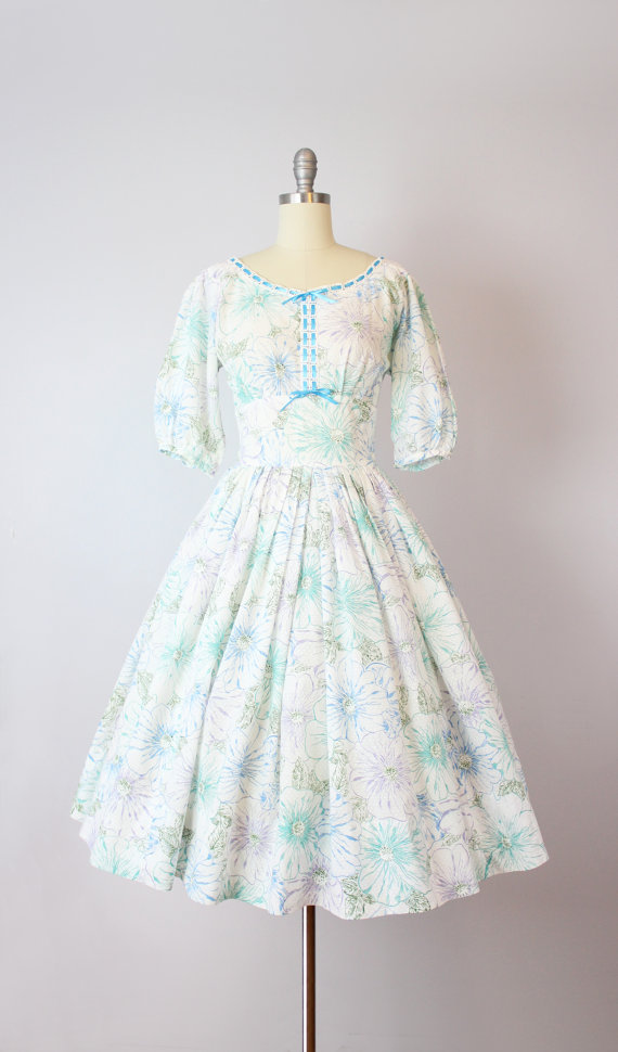 1950s 白色印花大摆礼服 